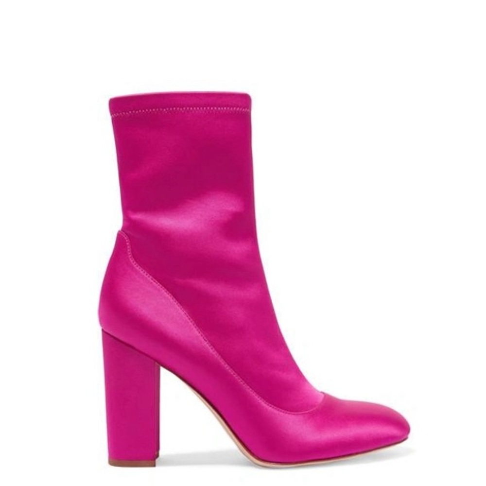 NWT Sam Edelman Calexa Neon Hot Pink Stretch Satin Heeled Sock Boots Size 7.5